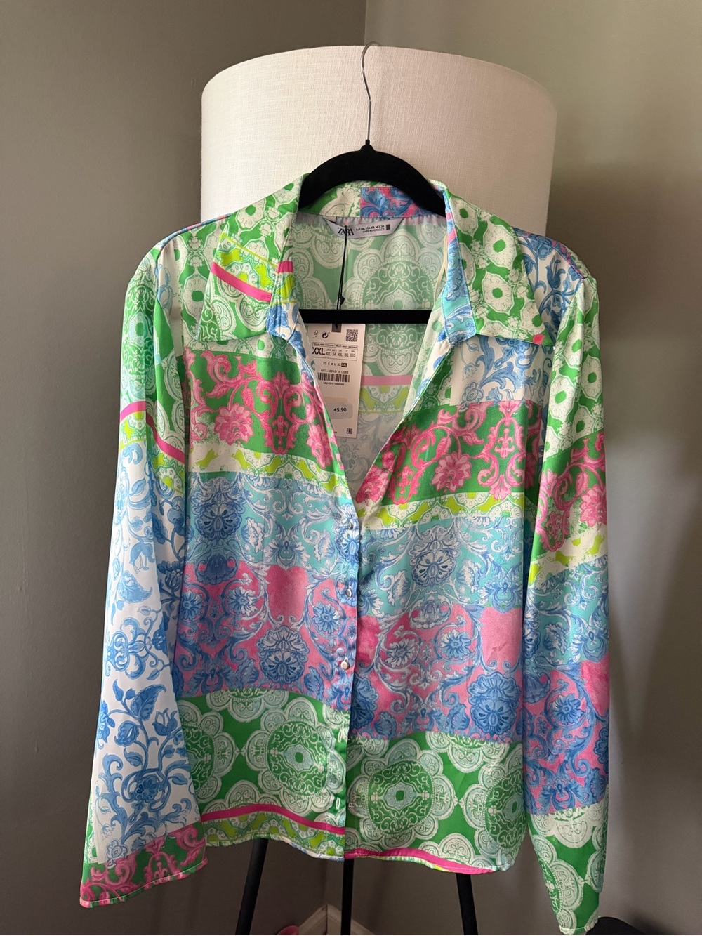 Zara Multicolor Floral Patchwork Button-Down Shirt - Green/Pink/Blue